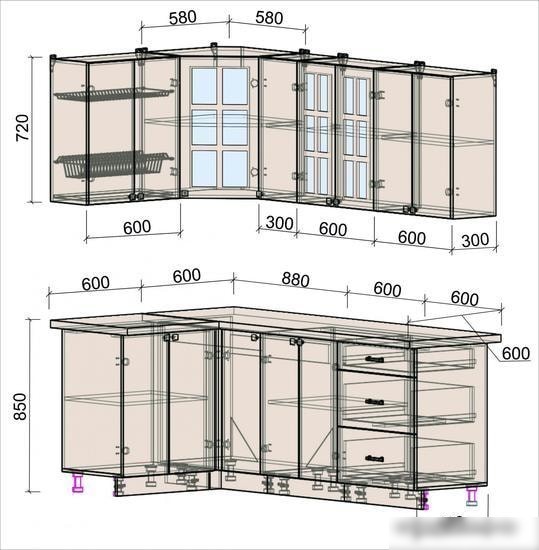 Угловая кухня Интерлиния Мила Деко 1.2x2.1 (луна/травертин серый)