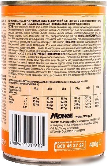 Сухой корм для собак Monge BWild Grain Free Puppy&Junior с уткой, тыквой и кабачками (400 г)