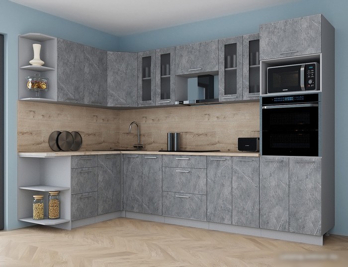 Готовая кухня Интерлиния Мила Gloss 1.68x3.0 левая (керамика/керамика/травертин серый)