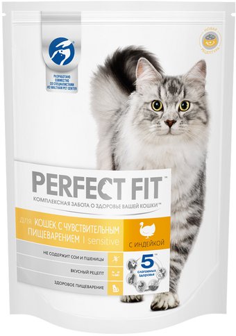 Сухой корм для кошек Perfect Fit Для взрослых кошек с чувствительным пищеварением. Индейка (650г)
