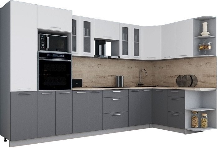 Готовая кухня Интерлиния Мила Gloss 1.68x3.4 правая (белый софт/серый софт/травертин серый)