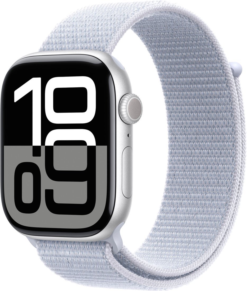 Умные часы Apple Watch Series 10 46 мм (алюминиевый корпус, серебристый/голубой, нейлоновый ремешок)