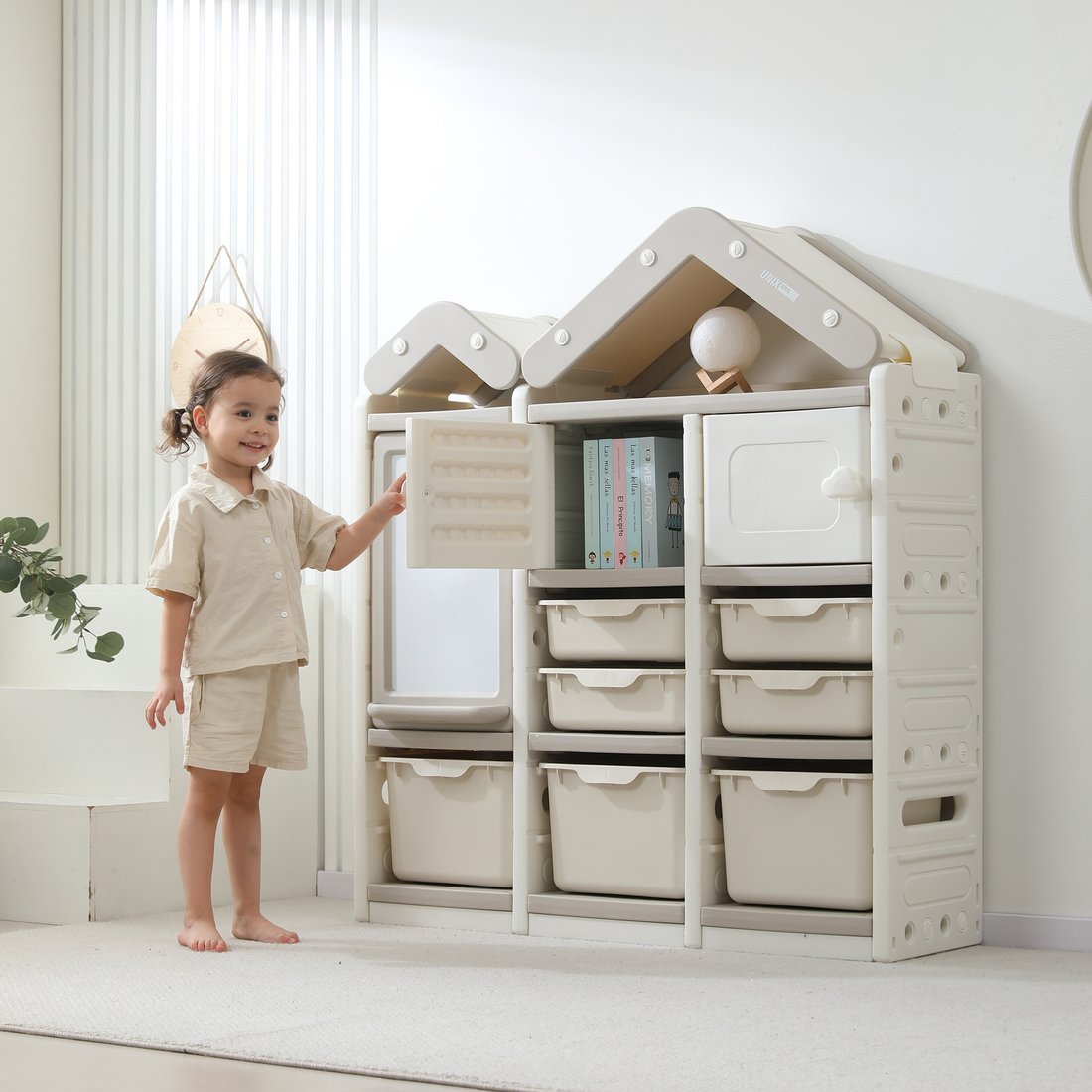 Стеллаж UNIX kids House (7 ящиков, 2 полки с дверцей, серый)