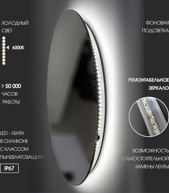 Алмаз-Люкс Зеркало с фоновой подсветкой, торцевым датчиком движения и чёрной УФ-окантовкой Tokyo black 60d2-6 (D 60 см)-холодный свет