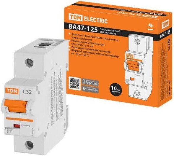 Выключатель автоматический TDM Electric ВА 47-125 1Р 32А (C) 15кА SQ0208-0053