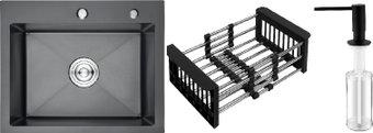Кухонная мойка Schtoff Best Black 6050 + коландер KR-1 BLACK + дозатор SD-1 BLACK
