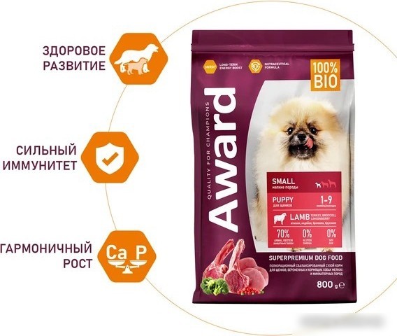 Сухой корм для собак Award Puppy Small для щенков мелких и миниатюрных пород с ягненком, индейкой с добавлением брокколи и брусники 800 г