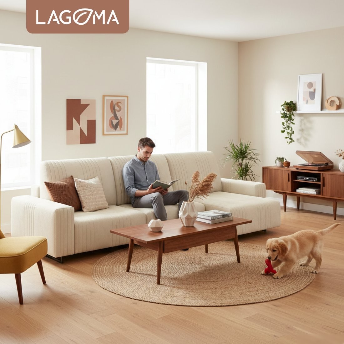 Угловой диван Lagoma Селкеа ШП 1000 + 1000 + оттоманка левый (Elle Blonde/черный муар)