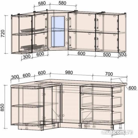 Угловая кухня Интерлиния Мила Матте 1.5x1.7 А левая (белый/мята/опал светлый)
