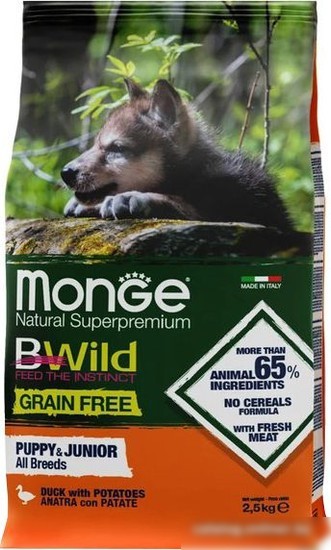 Сухой корм для собак Monge BWild Grain Free All Breeds Puppy & Junior Duck with Potatoes (для щенков всех пород с уткой и картофелем) 2.5 кг