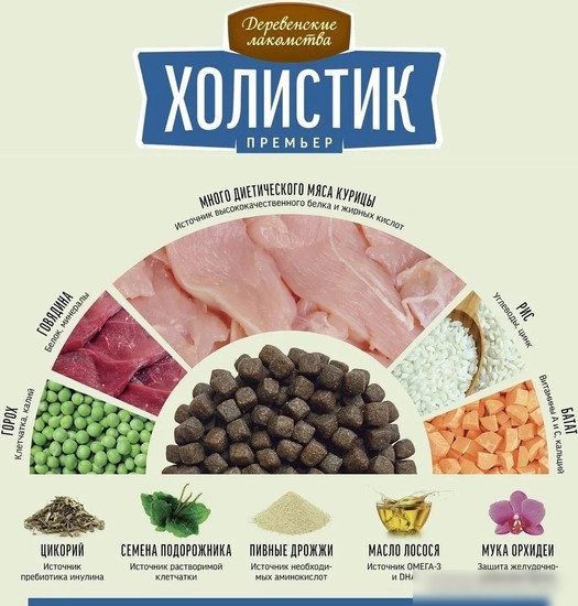 Сухой корм для собак Деревенские лакомства Холистик Премьер для щенков. Курица с рисом 3 кг