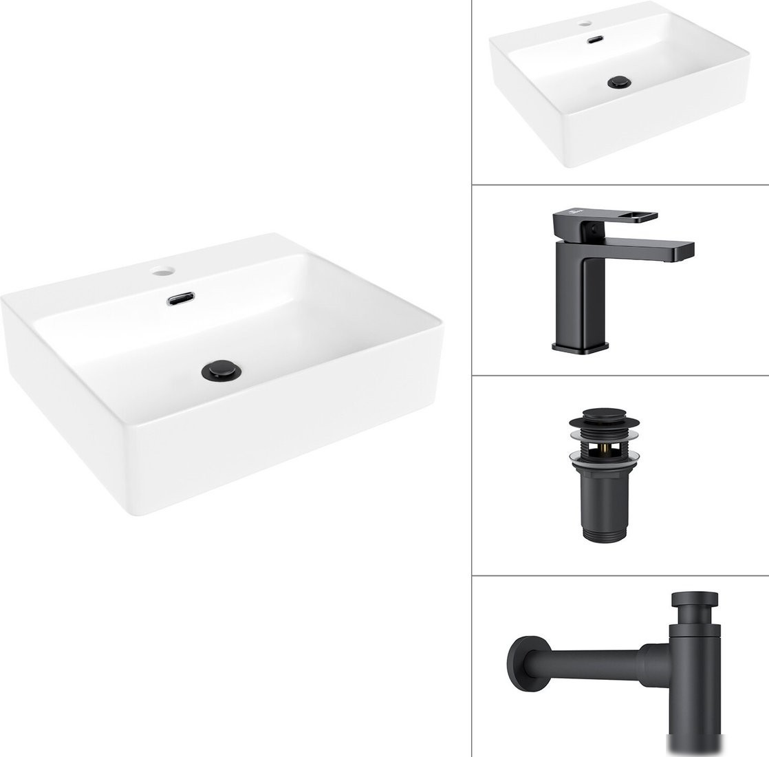 Умывальник Lauter 21478 + Cascade 21СК655BS + сифон 21635B + донный клапан 21190B (черный матовый)