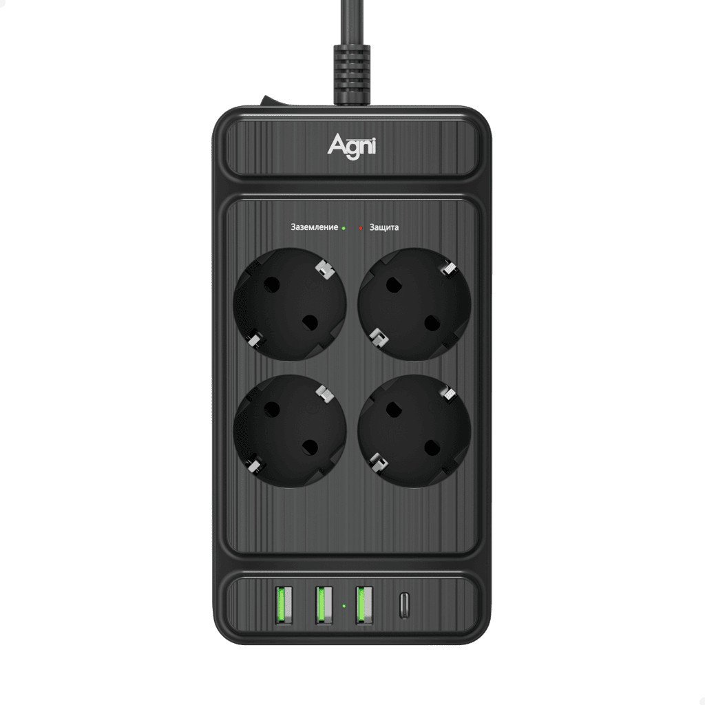 Сетевой фильтр Agni TP-FS4U4E-PD-2m-black (2м, 4 розетки, черный)