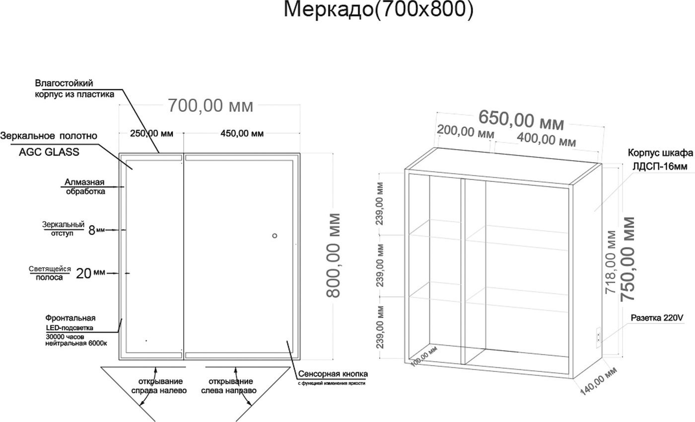 Grossman Шкаф с зеркалом для ванной Меркадо-70 207008