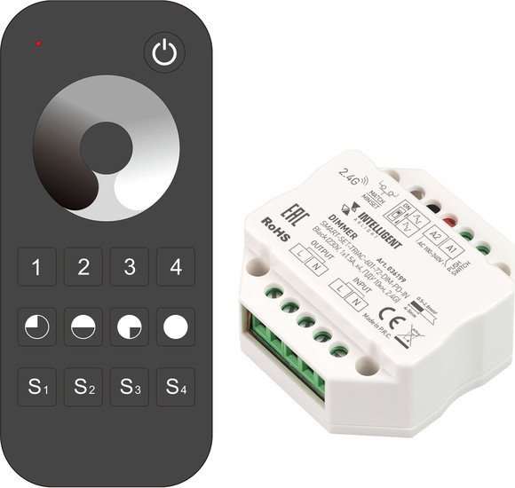 Диммер RGB Arlight Intelligent SMART-SET-TRIAC-601-72-DIM-PD-IN Black (230V, 1x1.5A, x4, ПДУ 10кн, 2.4G) 036199