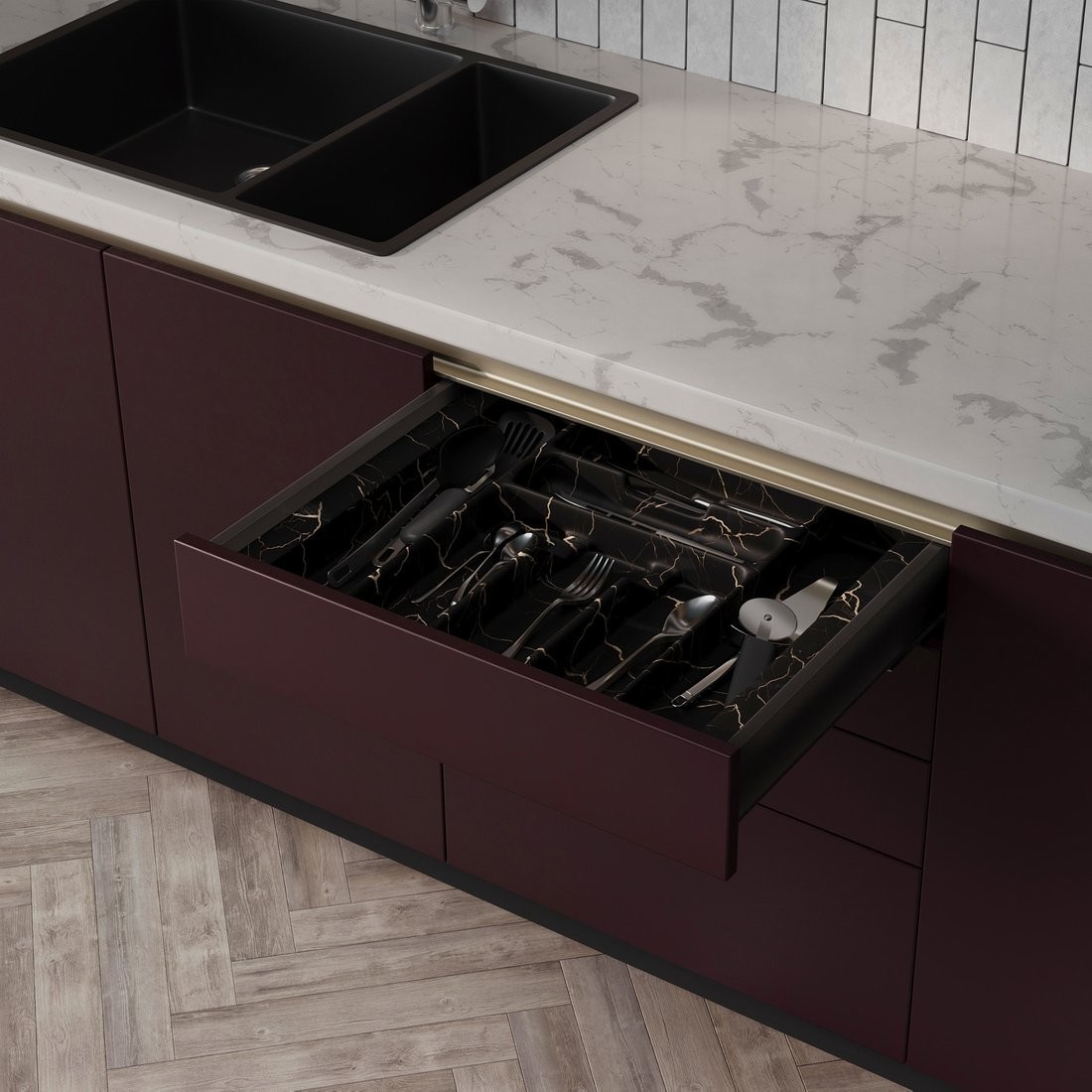 Лоток для столовых приборов AKS 600 Marble 540x485 (черно-золотой мрамор)