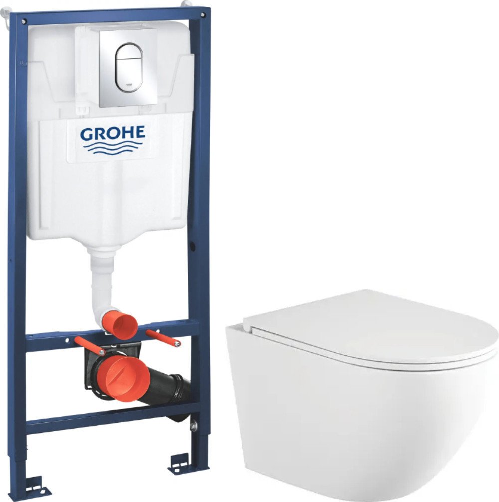 Унитаз подвесной Saniteco Rimless R-203M + GROHE Rapid SL 39504000 (с кнопкой хром глянец)