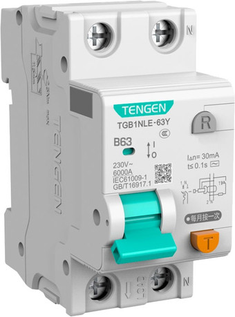 Дифференциальный автомат Tengen TGB1NLE-63Y 1P+N 63A B 6kA 30mA AC 2M TEN312118