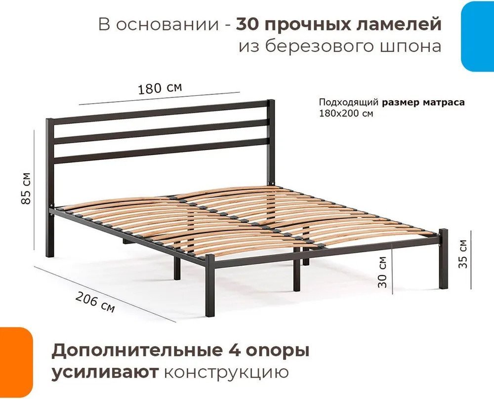 Кровать Домаклево Сталь 180x200 (черный)