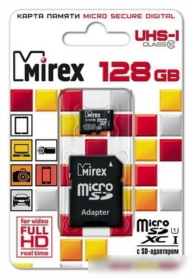 Карта памяти Mirex microSDXC UHS-I (Class 10) 128GB + адаптер [13613-AD10S128]