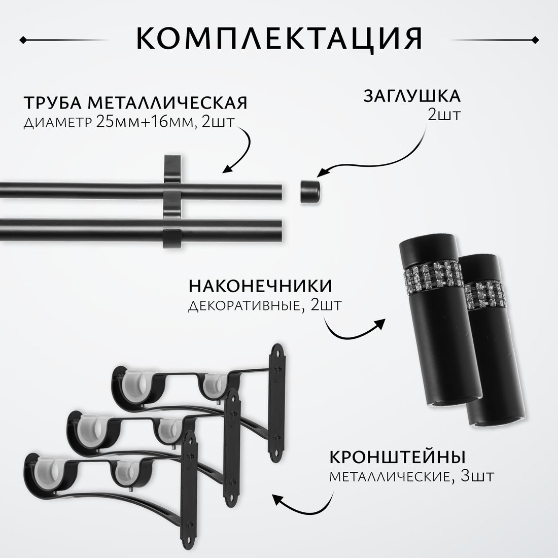 Карниз для штор Sundays Home Волна Имидж 25мм+19мм двухрядный (черный матовый, 2.4м)