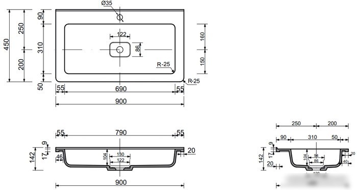 Умывальник Эстет Каре Люкс 90x45 ФР-00015152