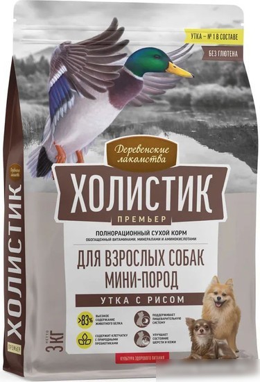 Сухой корм для собак Деревенские лакомства Холистик Премьер для мини-пород. Утка с рисом 3 кг