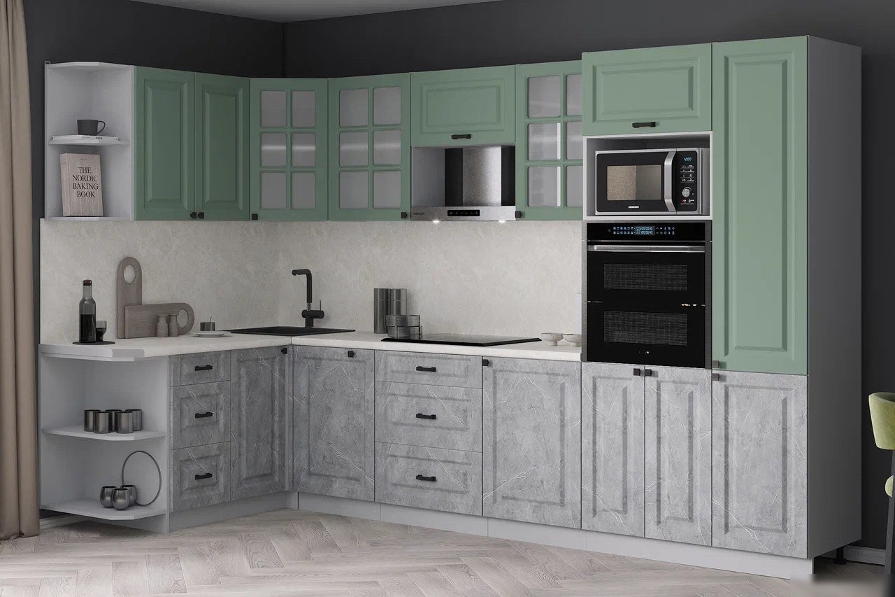 Готовая кухня Интерлиния Мила Деко 1.68x3.2 LV (керамика/мята/опал светлый)