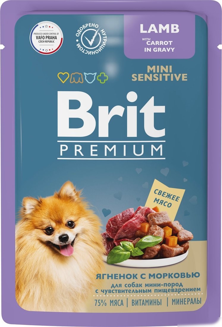 Пресервы Brit Premium д/мин. пород с чув. пищевар. ягн. с морковью 85 г