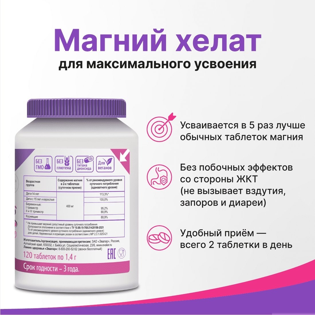 БАД Эвалар Магний хелат 1.4г (120 таблеток)