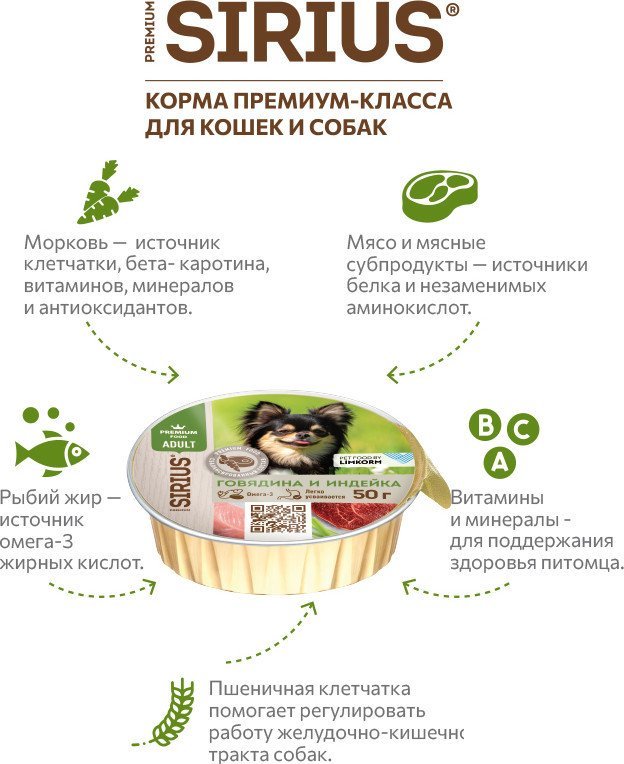 Консервированный корм для собак Sirius Для взрослых малых и средних пород Говядина и индейка 50 г