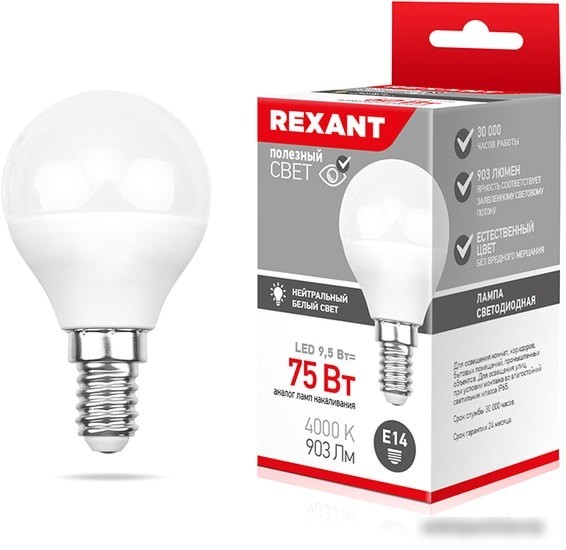 Светодиодная лампа Rexant G45 E14 9.5 Вт 4000 К 604-038