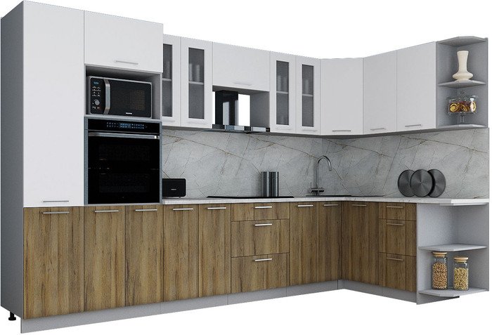 Готовая кухня Интерлиния Мила Gloss 1.68x3.4 правая (белый софт/дуб вотан/травертин серый)
