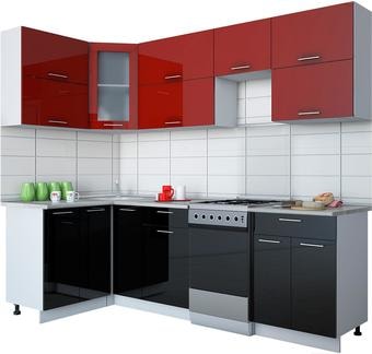 Угловая кухня Интерлиния Gloss 50-12x25 (бордовый/черный глянец)