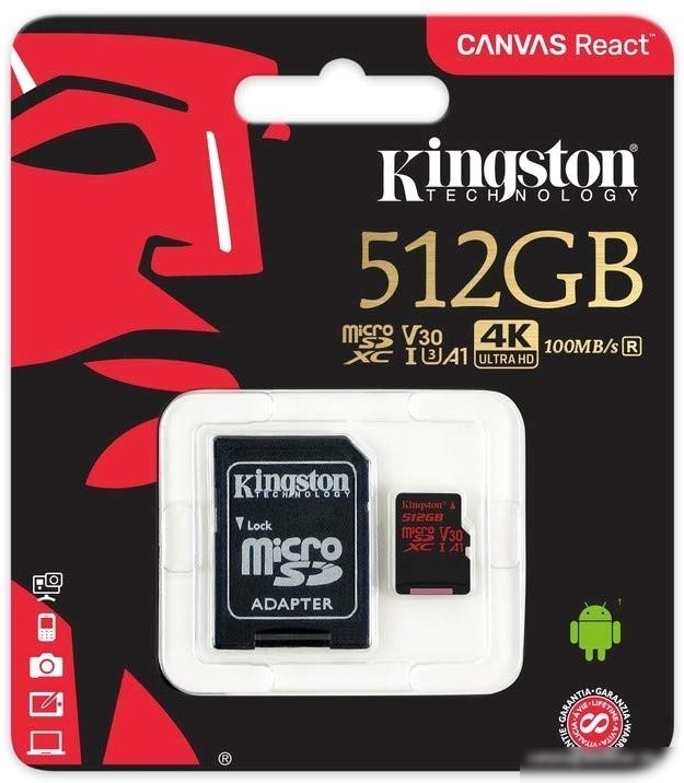Карта памяти Kingston Canvas React SDCR/512GB microSDXC 512GB + адаптер