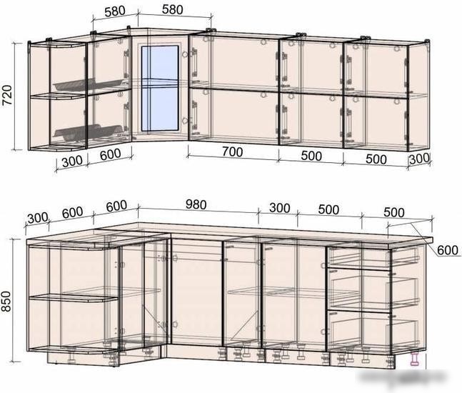 Угловая кухня Интерлиния Мила Матте 1.5x2.3 А левая (луна/луна/травертин серый)