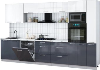 Готовая кухня Интерлиния Мила Gloss 3.5-ПМ1 (асфальт глянец/белый глянец/белый гранит)