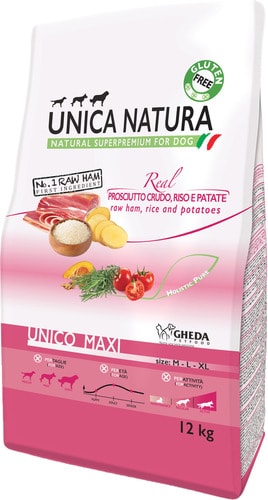 Сухой корм для собак Unica Natura Unico Maxi с сыровяленой ветчиной, рисом и картофелем 12 кг