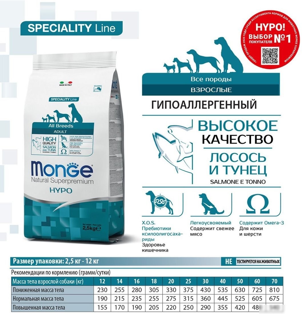 Сухой корм для собак Monge Speciality Line Hypo гипоаллергенный из лосося с тунцом (12 кг)
