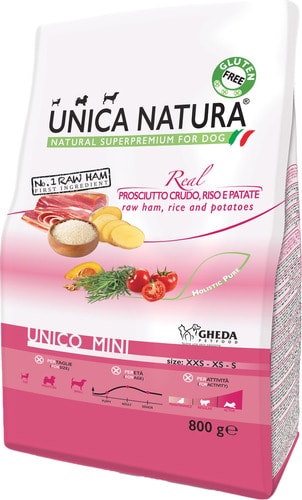 Сухой корм для собак Unica Natura Unico Mini с сыровяленой ветчиной, рисом и картофелем 800 г