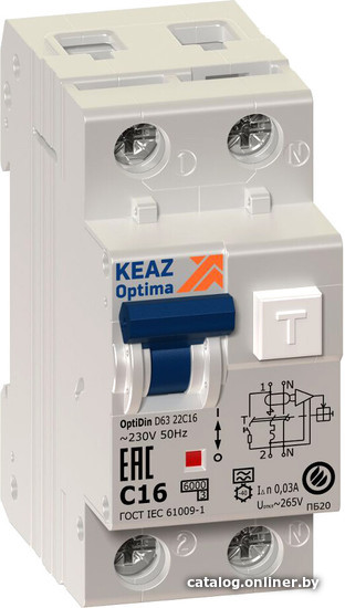 Дифференциальный автомат КЭАЗ OptiDin D63 2P (1P+N) C 6А 30мА тип A 6кА УХЛ4 103505 Дифференциальный автомат КЭАЗ OptiDin D63 2P (1P+N) C 6А 30мА тип A 6кА УХЛ4 103505