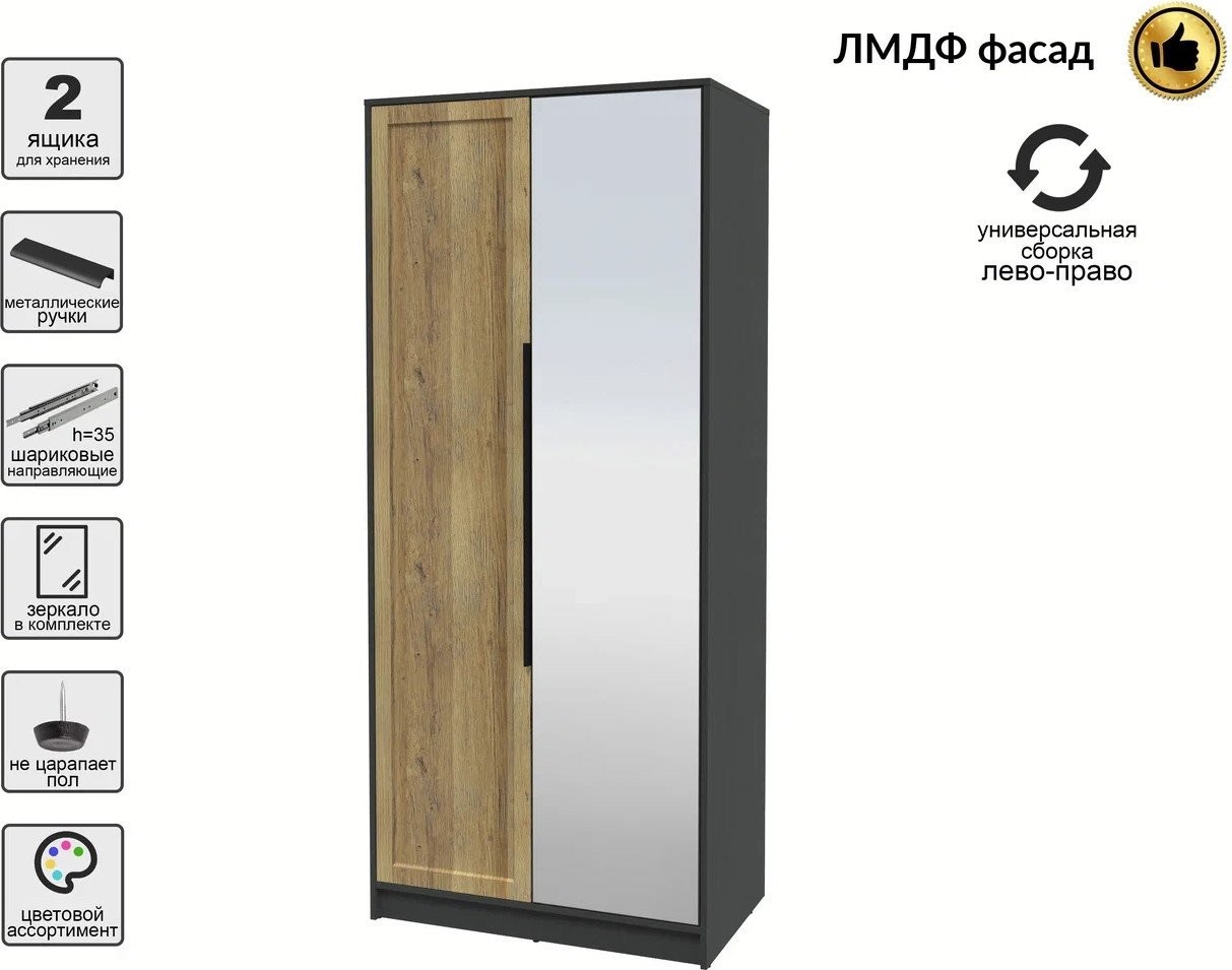 Шкаф распашной Интерлиния Концепт Тренд КТ-Ш2(з) (антрацит/дуб вотан)
