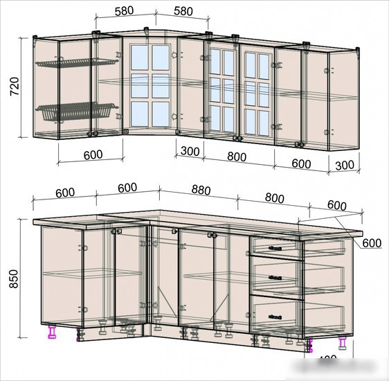 Готовая кухня Интерлиния Мила Деко 1.2x2.3 (индиго/индиго/опал светлый)