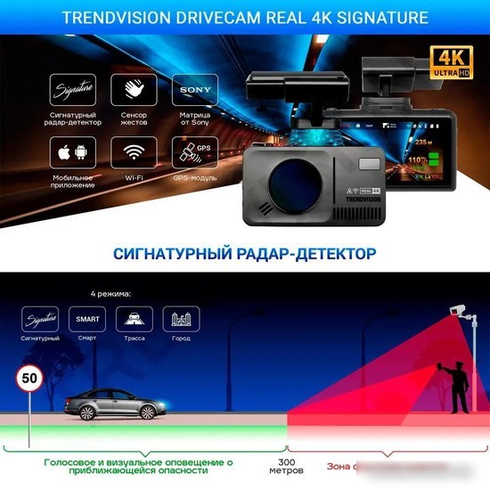 Видеорегистратор-радар детектор-GPS информатор (3в1) TrendVision DriveCam Real 4K Signature