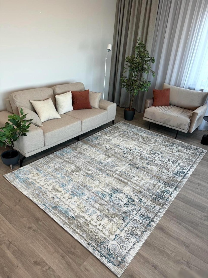 Ковер для жилой комнаты Radjab Carpet Бьянка Прямоугольник D008A 8860RK-B (1x2, Cream Shirink/Blue Fdy)