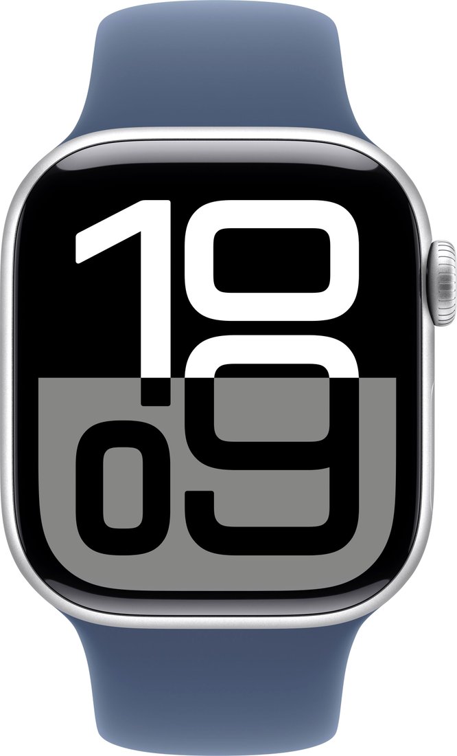 Умные часы Apple Watch Series 10 42 мм (алюминиевый корпус, серебристый/синий, спортивный силиконовый ремешок S/M)