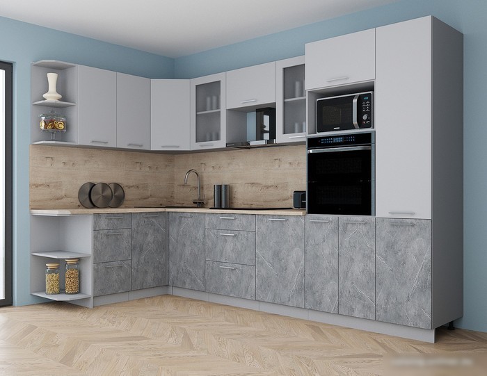 Готовая кухня Интерлиния Мила Gloss 1.68x3.2 левая (пепел софт/керамика/травертин серый)