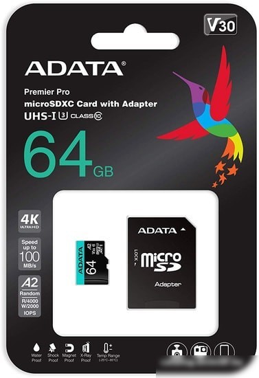 Карта памяти A-Data Premier Pro AUSDX64GUI3V30SA2-RA1 microSDXC 64GB (с адаптером)