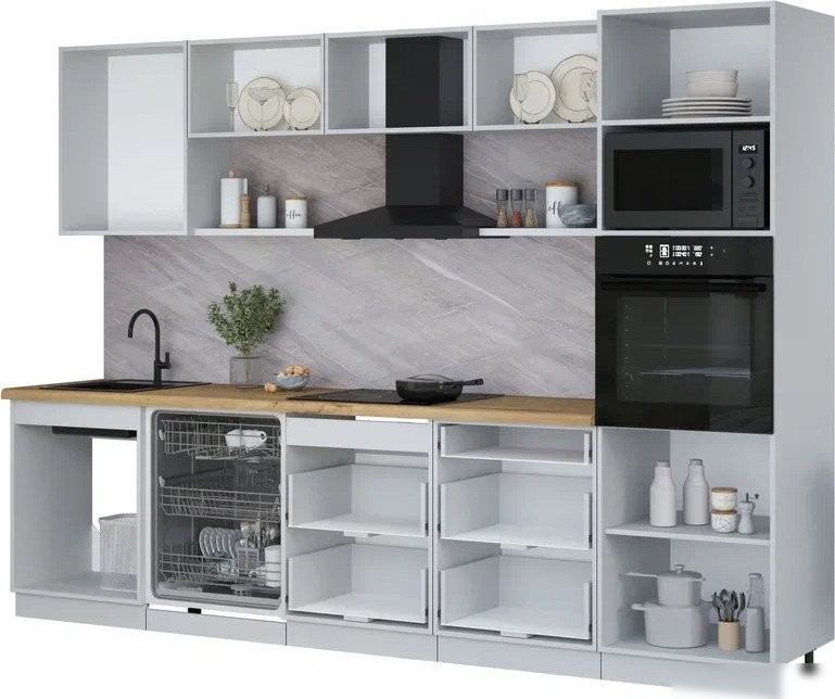 Готовая кухня Интерлиния Мила Лайт 3.0-ПМ1 (вудлайн кремовый/вудлайн кремовый/кастилло темный)