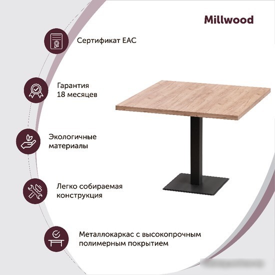 Кухонный стол Millwood Лофт Хельсинки 2 Л 100x100x75 (дуб табачный Craft-металл черный)